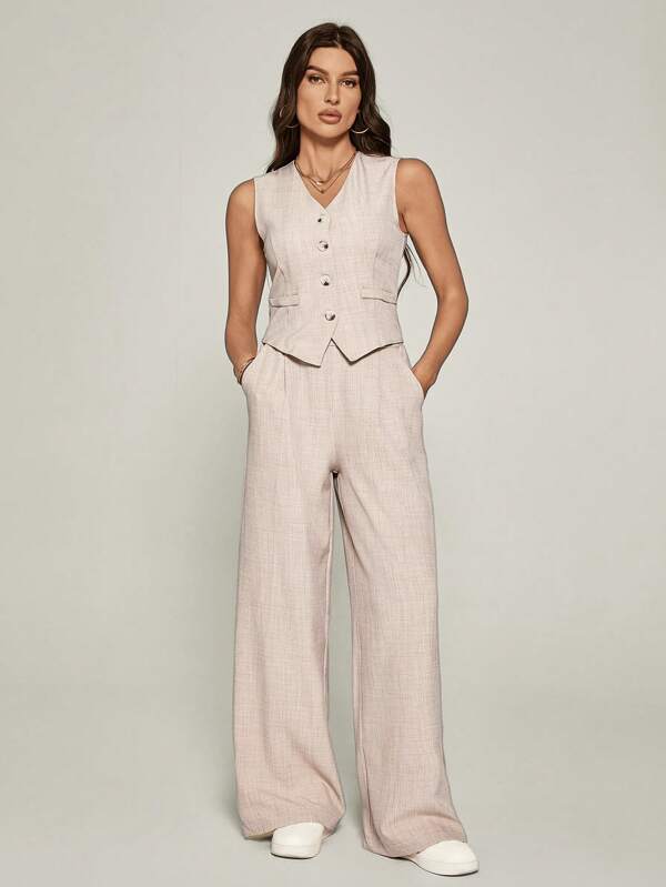 SHEIN Tall Set de 2 bucăți pentru femei, ocazional pentru navetă, vestă și pantaloni de culoare solidă, femeie casual de afaceri