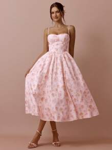 Enchnt Women's Elegant Pink Floral Summer Dress, Suspender Princess Long Sundress For Wedding Guest,Wedding Ninang,Bridal Shower&Fairycore Party - Pink - View 7