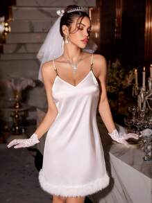 SilkySpell Women's Sexy Faux Fur Backless Rhinestone Satin Slip Nightgown - White - View 5