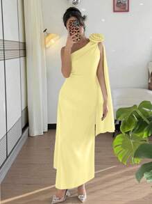 Chiquease Váy midi chữ A trang trí hoa xếp nếp cổ chữ A thanh lịch thanh lịch kiểu Pháp, màu xanh, xuân/hè - Vàng nhạt - Xem 1