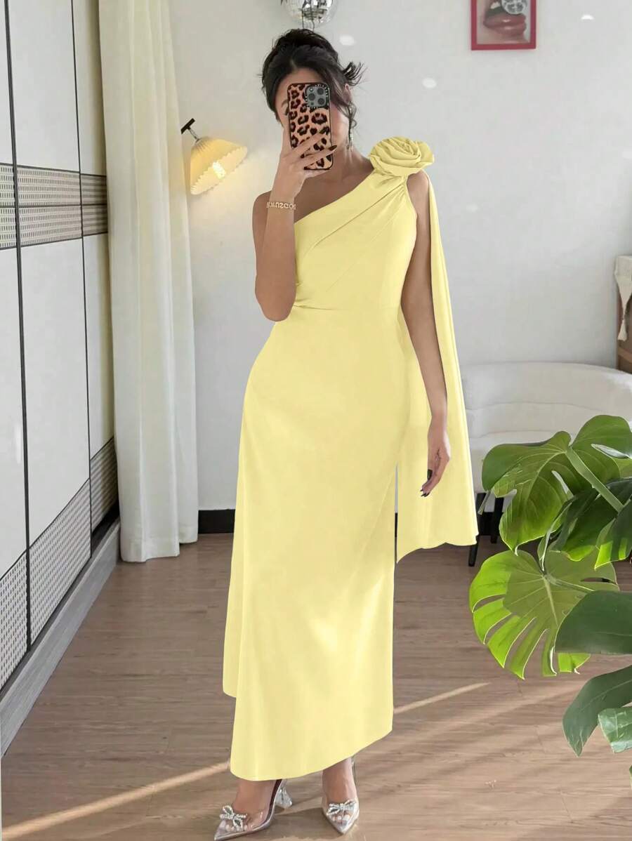 Chiquease Váy midi chữ A trang trí hoa xếp nếp cổ chữ A thanh lịch thanh lịch kiểu Pháp, màu xanh, xuân/hè - Vàng nhạt - Xem 1