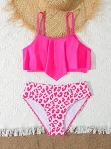 2025 New Girls' Printed Ruffled Trim Tankini Set Bikini, Beach & Pool Swimwear - Hot Pink - View 5