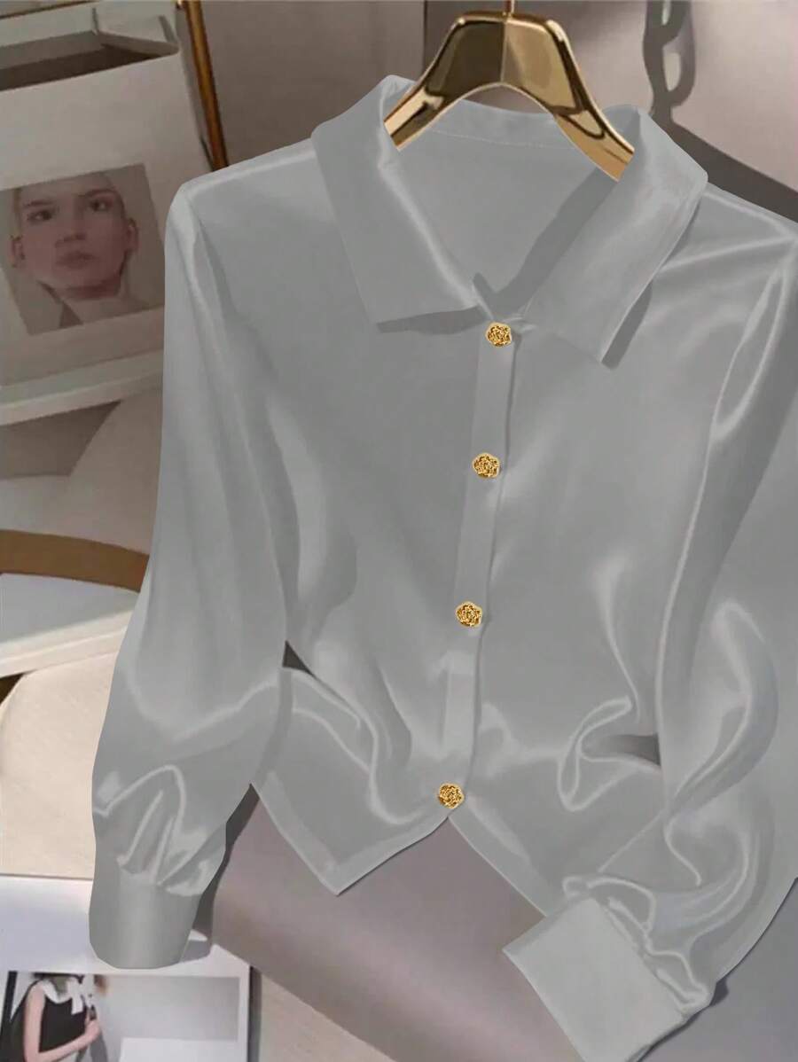 SHEIN Clasi 女士优雅简约花卉纽扣长袖衬衫,适合通勤 - 淺灰色 - 查看 1