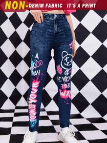 SHEIN Sparklyn Teen Girl Cartoon & Letter Graphic Denim-Effect Leggings