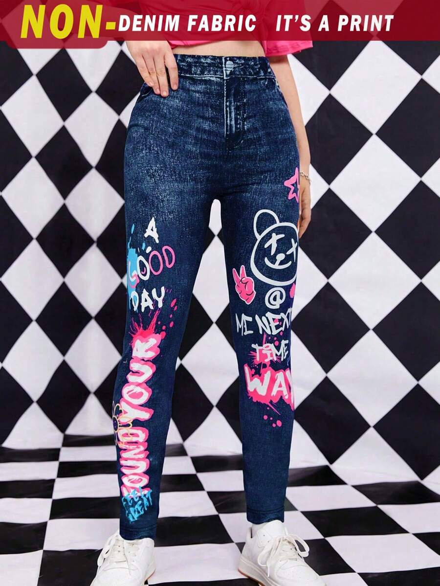 SHEIN Sparklyn Teen Girl Cartoon & Letter Graphic Denim-Effect Leggings