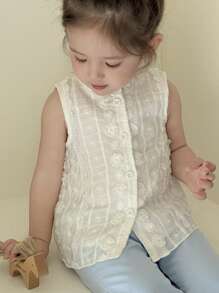 SHEIN 2 件套女婴春夏可爱休闲优雅纹理面料无袖立领衬衫和喇叭裤套装 - 藍白色 - 查看 8