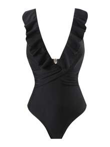 SHEIN 女士黑色紧身度假 V 领荷叶边性感休闲连体泳衣 - 黑色 - 查看 5