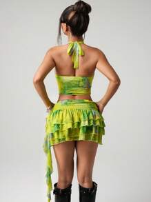 SHEIN ICON Conjunto de 2 piezas con top corto halter sexy con giro y abertura + falda de volantes de estilo pastel, en estilo Y2K