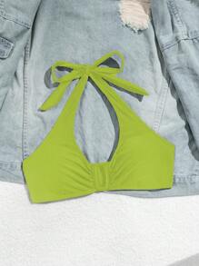 Swim Basics Spring Break Women's Halter Neck Ruched U-Neck Minimalist Stylish Versatile Swimwear Top For Summer Beach Vacation - Green - View 5