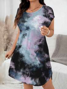 EMERY ROSE Plus Size Women Tie Dye Short Sleeve A-Line Hem Dress, Summer - Multicolor - View 3