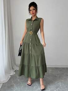 Elenzga Women's Solid Color Single Breasted Ruffle Hem Sleeveless Shirt Dress - Army Green - View 3