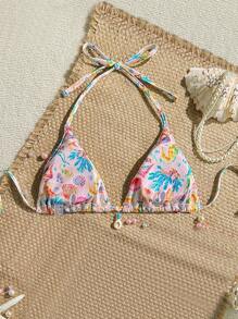 Swim Mod Women Beach Summer, Random Print & Ribbed Textured Fabric Shell Accessory Halter Neck Sexy Swimwear Bikini Top - Multicolor - View 2