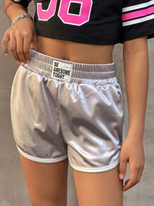 SHEIN Tween Girls Spring/Summer Letter Patched Detail Contrast Binding Metallic Track Shorts - Silver - View 6