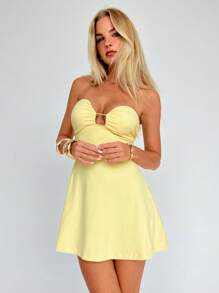 Aloruh Đầm Cami Mini hở lưng gợi cảm màu trơn - Màu vàng - Xem 6