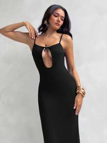 Aloruh Women's Black Summer Dress,Elegant 70s Style Spaghetti Strap Cut-Out Fitted Dress With Starfish Decor,Holiday Date Club Party Dress - Black - View 3