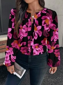 SHEIN Clasi Floral Pattern Long Sleeve Plus Size Casual Blouse, Suitable For Spring/Summer - Hot Pink - View 6