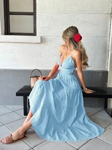 Pariaura Red Neck Splice Loose Hem Long Casual Holiday Style Dress For Women - Baby Blue - View 3