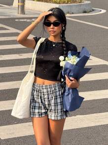 SHEIN EZwear Áo thun hở lưng buộc dây quyến rũ cho nữ mùa hè - màu đen - Xem 4