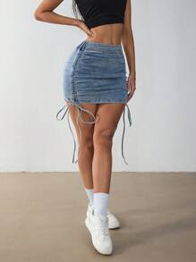 SHEIN Tall Women's Summer Casual Pleated Side Drawstring Denim Mini Skirt - Blue - View 5