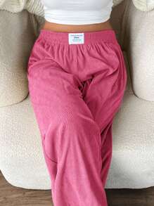 SHEIN EZwear 大码女式秋冬高腰宽松阔腿裤，卡其色灯芯绒面料，口袋和贴片设计，适合校园、日常穿着和室内办公室穿着 - 玫紅色 - 查看 4