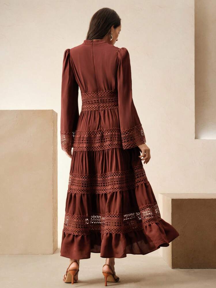 Solid Color Lace Patchwork Elegant Women Dress, Suitable For Spring, Festival, Casual, Vacation, Holiday