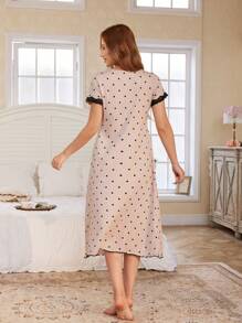 FloralLove Váy ngủ tay ngắn cổ chữ V họa tiết chấm bi màu tương phản ren nơ cho mùa lễ hội - Màu be - Xem 2