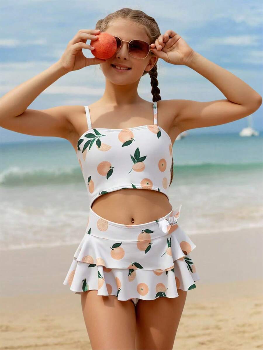 SHEIN Tween Girl Cute  Fruit Print Ruffled One-Piece Swimsuit, Suitable For Summer Beach Vacation, Swimming, Travel Summer Holiday - Multicolor - View 1