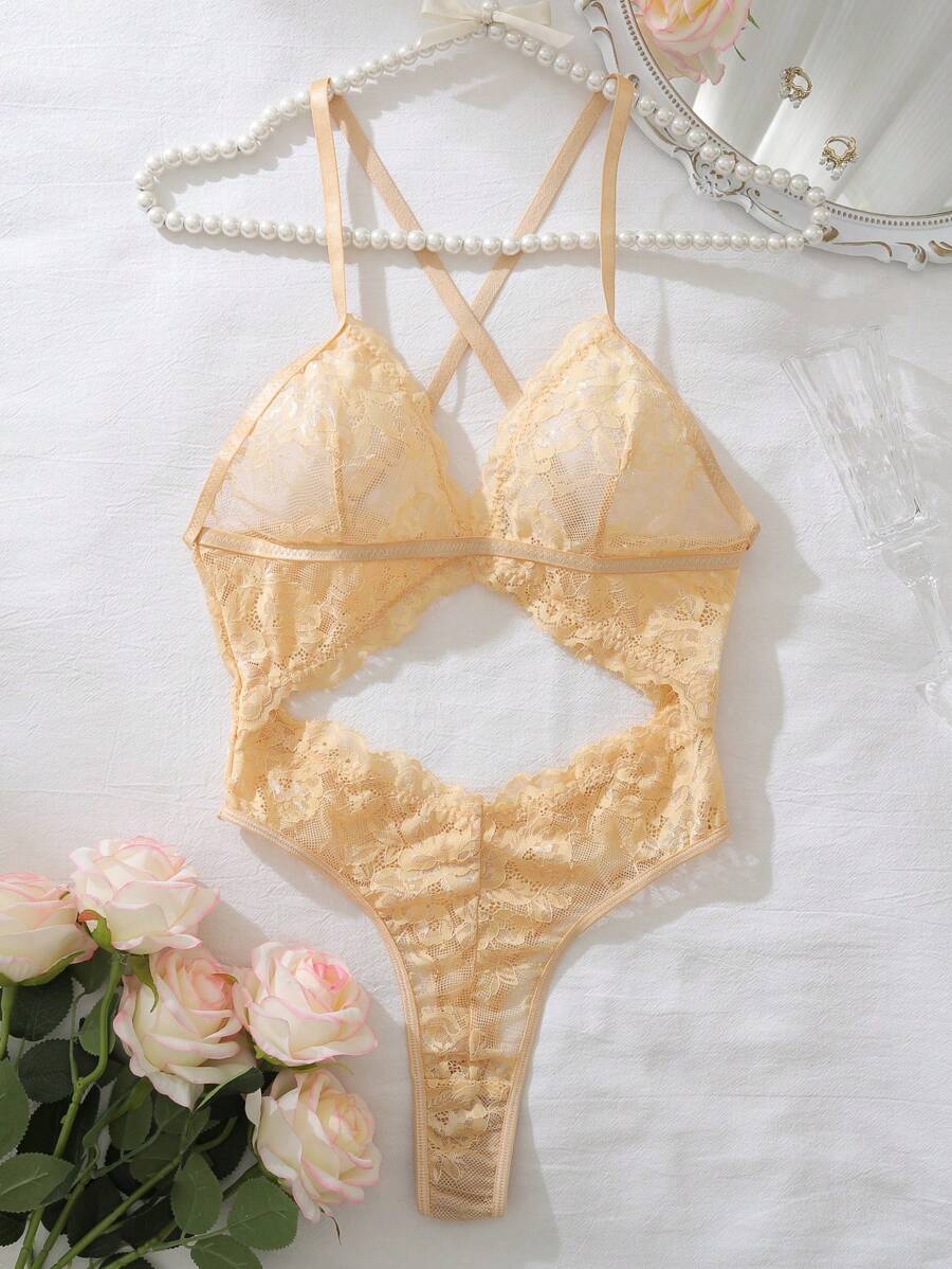 Seduluxe Women's Lace Backless Halter Bodysuit For Going Out - Apricot - View 1