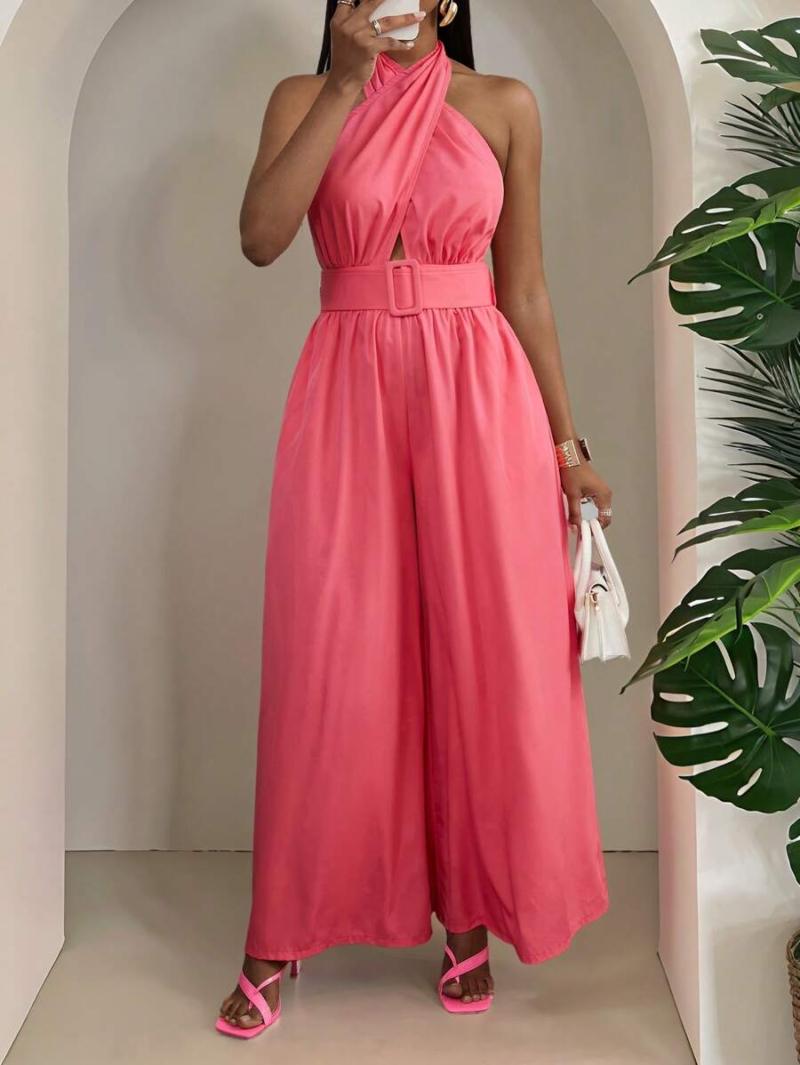 Slaydiva 新款 V 领松紧腰口袋无袖连体裤，度假休闲玫红色，春夏 - 玫紅色 - 查看 1