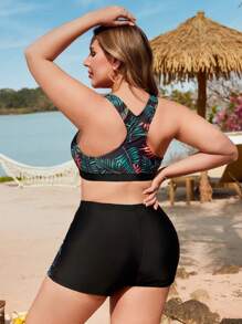 Swim Lushoire Plus Size Women 3pcs Set Tropical Rainforest Print Zipper Long Sleeve Split Sporty Casual Swimsuit Beachwear Set For Summer Beach Vacation