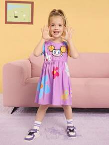 Dexter's Laboratory X SHEIN Váy in họa tiết hoa và hoạt hình dễ thương phong cách thường ngày cho bé gái màu tím, phù hợp cho mùa xuân và mùa hè - Màu tím hoa cà - Xem 7