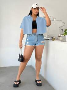 SHEIN EZwear Plus Size Blue Woven Loose Casual Short Sleeve Shirt For Summer - Blue - View 5