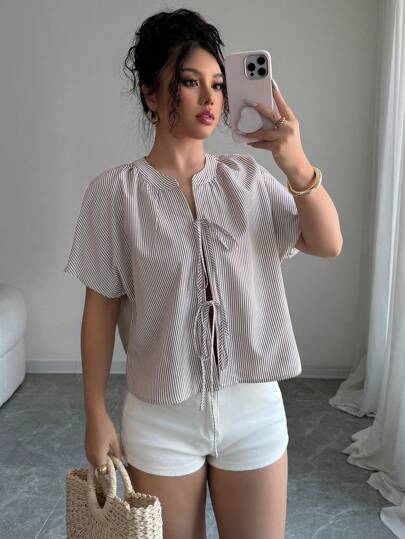Elenzga 女士时尚休闲条纹系带设计衬衫
