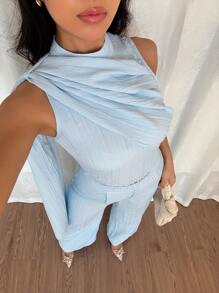 Chiquease Trang phục mùa hè cho nữ - Áo cánh không tay cổ đứng thanh lịch màu xanh lam có cà vạt và quần ống rộng rộng rãi, bộ 2 món - Màu xanh lam - Xem 6