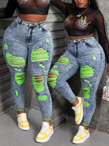 Slaydiva 大码女式牛仔裤 性感紧身弹力破洞长裤 蓝色女式牛仔裤 牛仔裤 牛仔裤 紧身牛仔裤 女式紧身裤 小码女式裤子 弹力牛仔裤 女式紧身裤 女式牛仔裤 高腰牛仔裤 - 綠色 - 查看 1