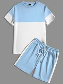 Manfinity Homme Men's Short Sleeve Round Neck Color Block T-Shirt And Shorts Set - Multicolor - View 3