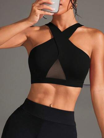 Slayform Enfärgad Mesh Patchwork Criss-Cross Wrap Sports BH