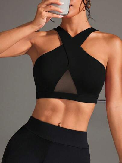 Easithlete Mesh Patchwork Criss Cross Wrap Sports BH