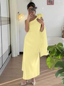 Chiquease Váy midi chữ A trang trí hoa xếp nếp cổ chữ A thanh lịch thanh lịch kiểu Pháp, màu xanh, xuân/hè - Vàng nhạt - Xem 4