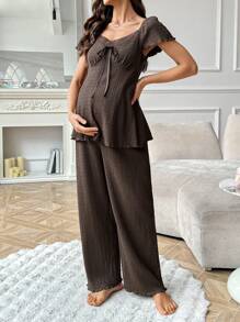 Moonlight&Mama Bộ đồ ngủ bà bầu tay ngắn và quần vải jacquard thắt nút cổ chữ V thêu ren chắp vá màu trơn - Cà phê nâu - Xem 5