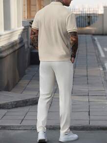 Manfinity CasualCool 男士撞色短袖Polo衫和裤子休闲通勤套装男士Polo衫男士短款服装Polo T恤男士夏季服装男士夏季服装 - 米色 - 查看 2