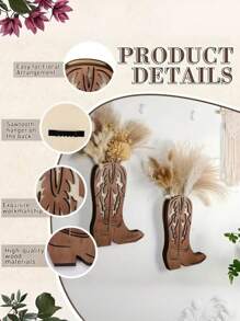 SHEIN 1pc Bohemian Style Wooden Cowboy Boot Wall Vase Creative Flower Holder, Simple Dry Flower Plant Stand, Mini Flowerpot Indoor/Outdoor Wood Dried Flower Vessel, Floral Hanging Decor Suitable For Living Room, Entryway, Bedroom, Bathroom (Brown) - Brown - View 5