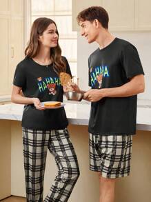 CoupledUp Set de 2 piezas de pijama para hombre con camiseta con estampado de letras y pantalones cortos a cuadros