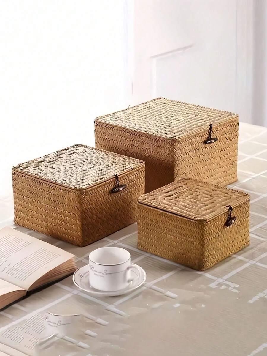 1pc Handwoven Storage Basket With Lid, Boho Style Desktop Storage Box, Multifunctional Hanging Container For Kitchen, Bathroom, Bedroom, Living Room, Office, Home Decor, Kitchen Accessories, Halloween, Christmas, Geometric Woven Boho Baskets, Wood Rattan Plant Pot Holders, Natural Mix Rope Decor For Coastal Vibes Outdoor Spaces - Mocha Brown - View 1