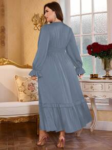Modelyn Elegantes, romantisches Partykleid aus Satin mit Raffung, Schleife, Ballon-Ärmeln und gerüschtem Saum für Große Größen Damen - Blau - Übersicht 2