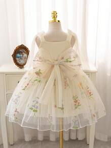 SHEIN Glamorique Kids Mother's Day Mother's Day Gift Mommy And Me Outfits Wedding Wedding Guest Pageboy Birthday Party Wedding Festival Dress Dress Girls' Straps Apricot Mesh Bow Front Bow Embroidered Mesh Puff Skirt Stage Performance Host Attends Parties Or Special Shows Take Artistic Photos To Make It More Natural And Beautiful Four Seasons Regular Wear - Apricot - View 2