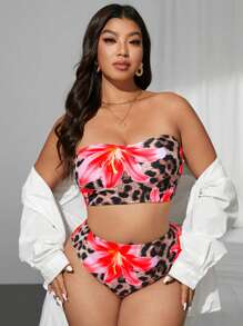 Swim Vcay Plus Size Leopard & Tropical Floral Random Print Swimsuit Set For Summer Beach Vacation - Red - View 6