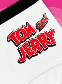 TOM & JERRY X SHEIN Calzones elásticos de cintura con diseño de dibujos animados y letras para mujeres