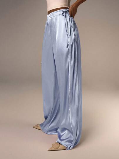 Athîral Pantalones casuales sueltos de pierna recta con lazo en la cintura de unicolor para mujer