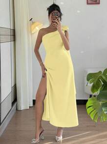 Chiquease Váy midi chữ A trang trí hoa xếp nếp cổ chữ A thanh lịch thanh lịch kiểu Pháp, màu xanh, xuân/hè - Vàng nhạt - Xem 6